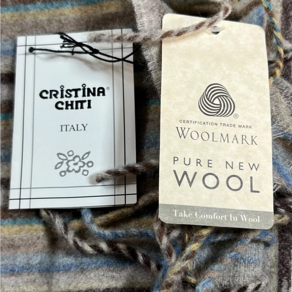 Christina Chiti WOOL shawl SCARF Tan Blue Cream STRIPED SHAWL fringe Wrap 17x65” - Picture 9 of 16